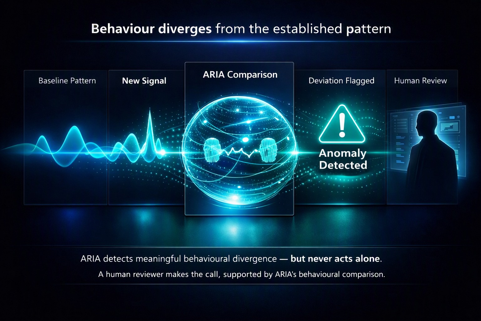 Behaviour diverges from the established baseline; ARIA compares the new signal against that baseline; a deviation is flagged; a human reviewer makes the call — ARIA never acts alone.